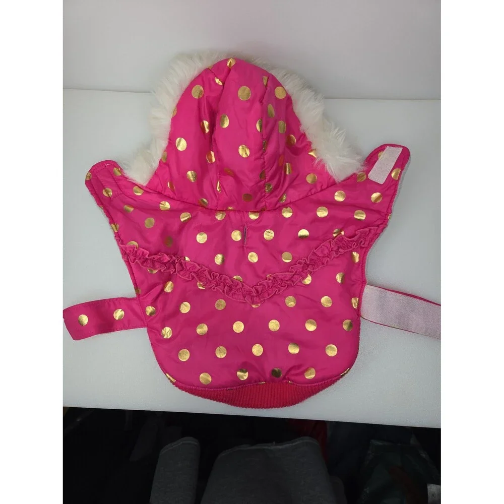 Top Paw Pink Dog Coat Ruffled Gold Metallic Dots Puffy Fleece Lined Hoodie Small